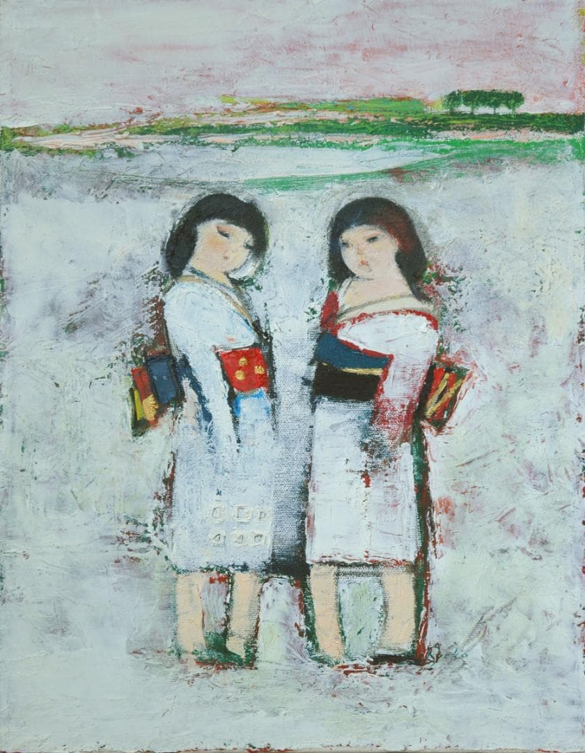 油絵 菅家令子 絵 絵画インテリア額付(白) uF6-071402人物 雪国の女