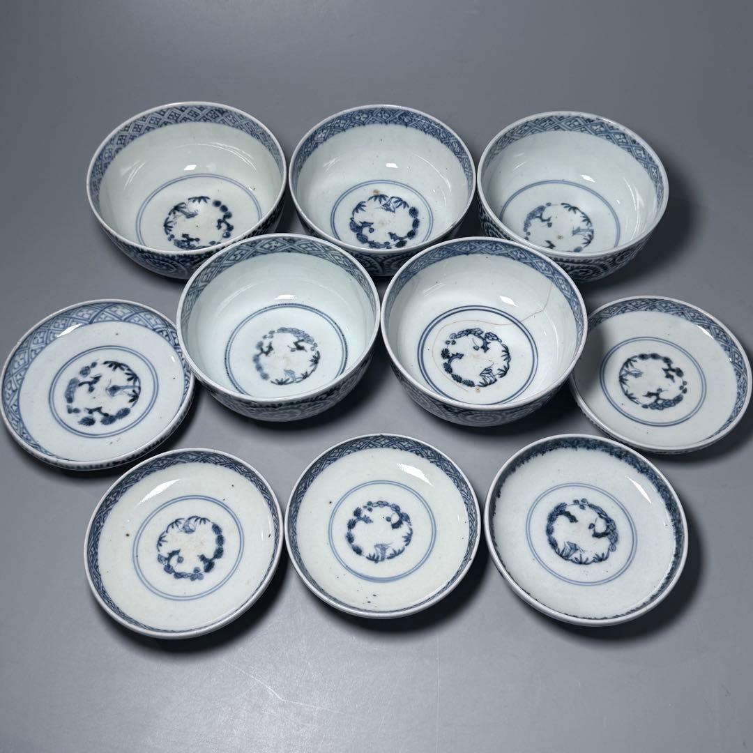 古伊万里　染付蛸唐草蓋物　五客　冨貴長春　松竹梅　古美術