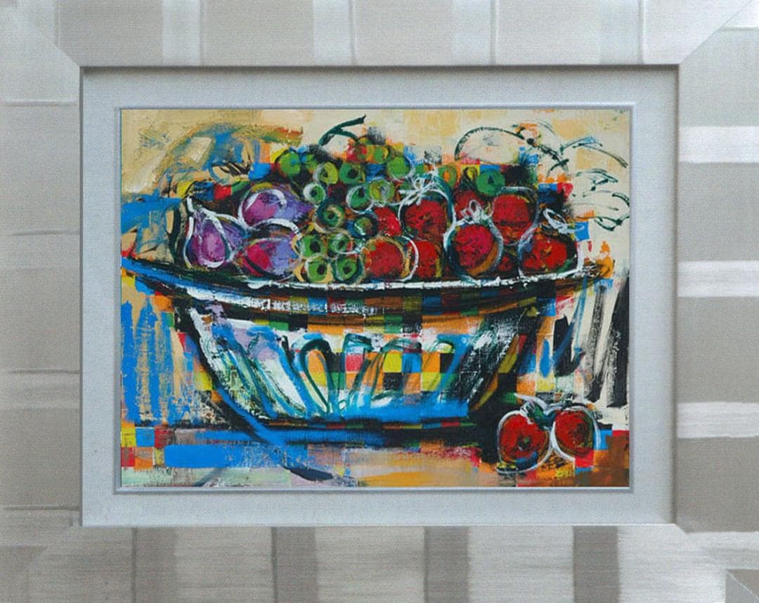 油絵 菅家令子絵 絵画インテリア 額付(青緑＋金色) uF6-120209 果物