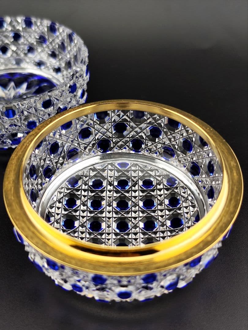 超希少品★江戸切子 須田秀石 蓋物 瑠璃被 籠目紋（切子、江戸切子、薩摩切子）