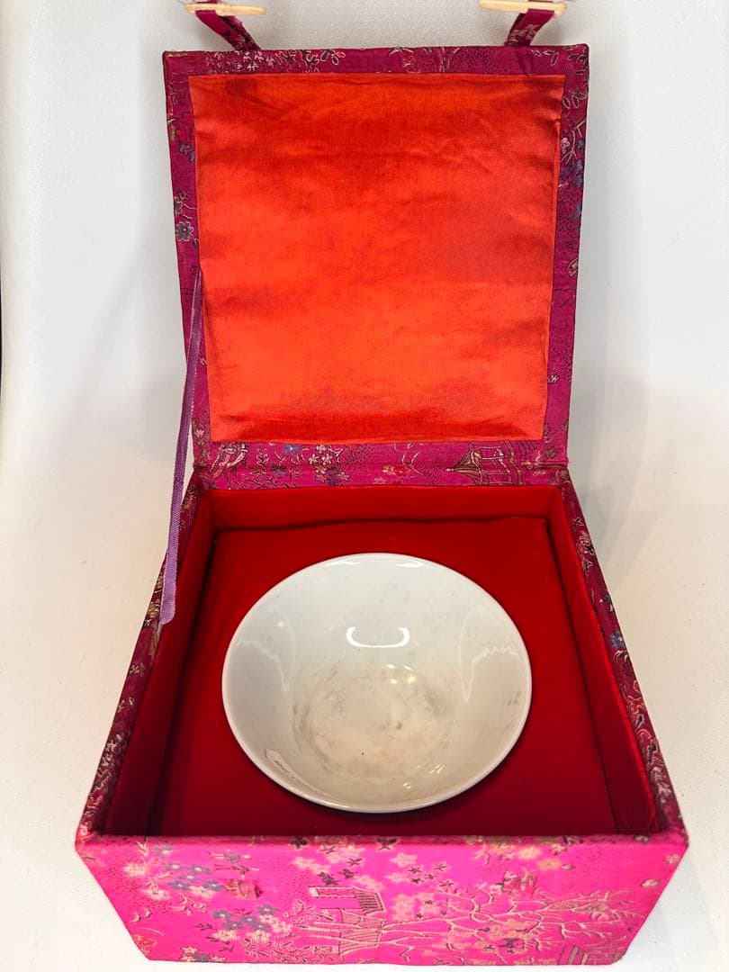 玫紅釉 粉釉 花卉文 碗　荷花・向日葵・牡丹文　中国古美術　時代物　錦箱付