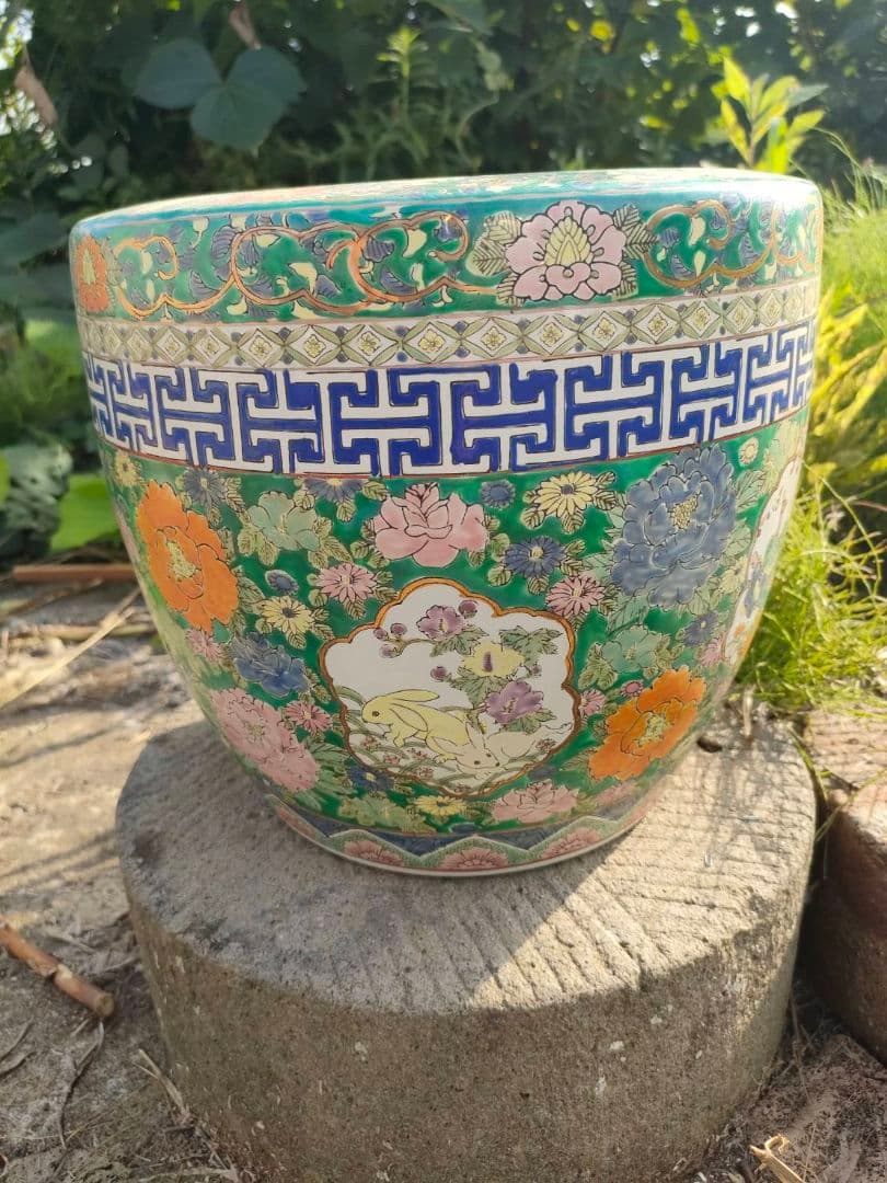 ★色絵 金襴手 火鉢　手焙 兎 孔雀 花鳥山水文 　古具　アンティーク