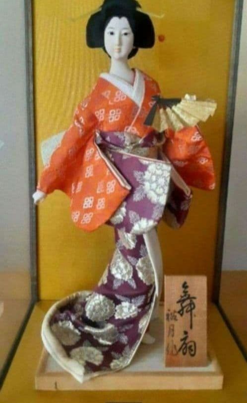 日本人形 舞扇 ガラスケース付き 昭和アンティーク雑貨インテリア 芸子 日本舞踊