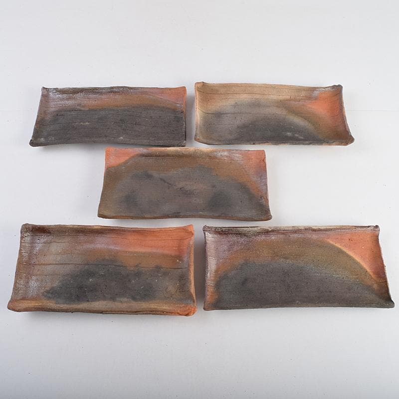 TA　和食器　楽山窯清水日呂志作　焼〆長皿　十客　共布共箱　MR9365B