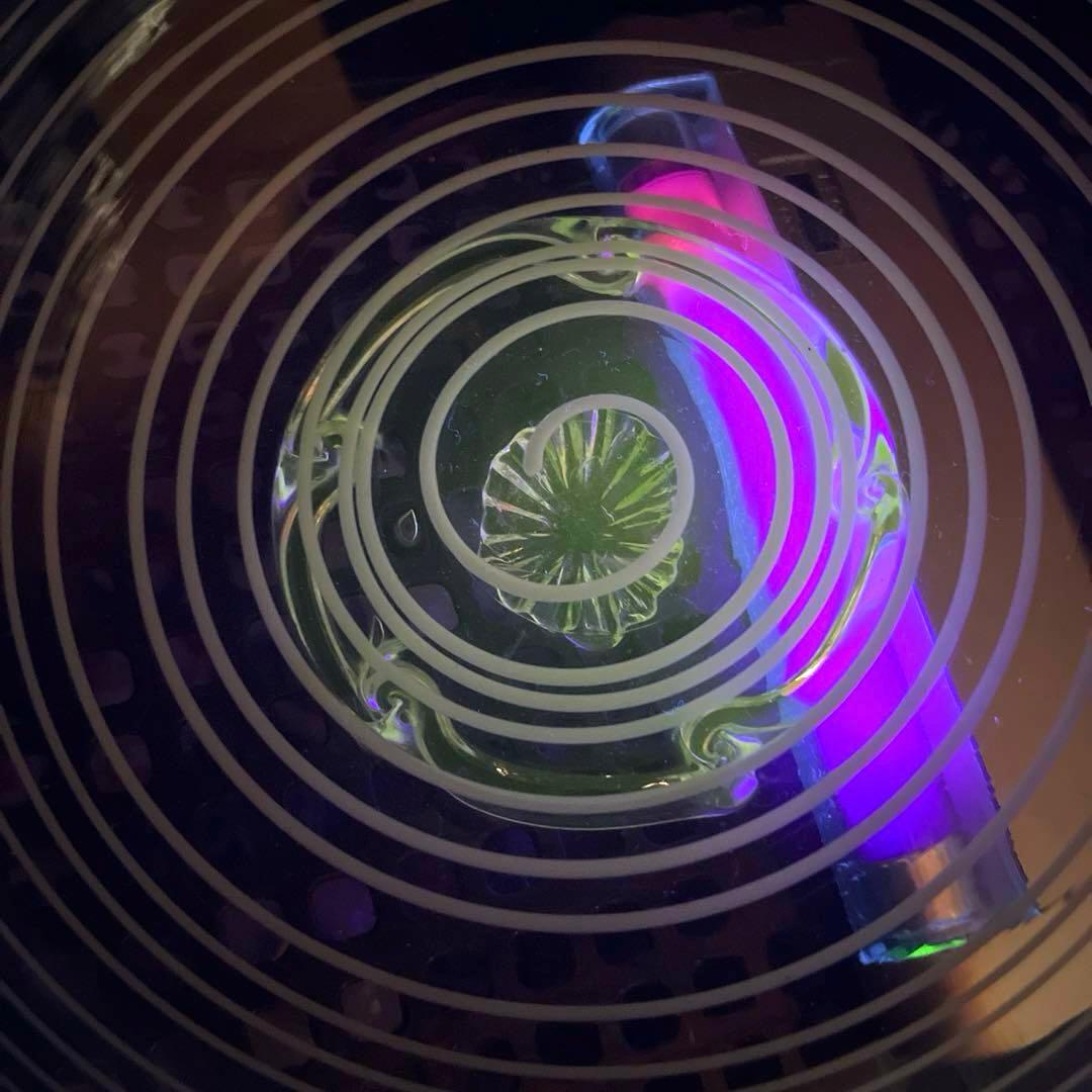 骨董　時代ガラス　瑠璃色フチ　希少　千段　糸巻き輪鉢　菓子器　氷コップ　ウラン②