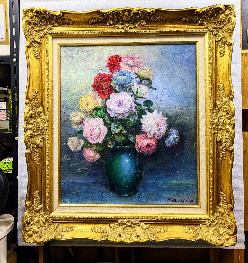 画家haru☆F10号油彩画★薔薇★真作、原画、一点物、写真の額縁付。