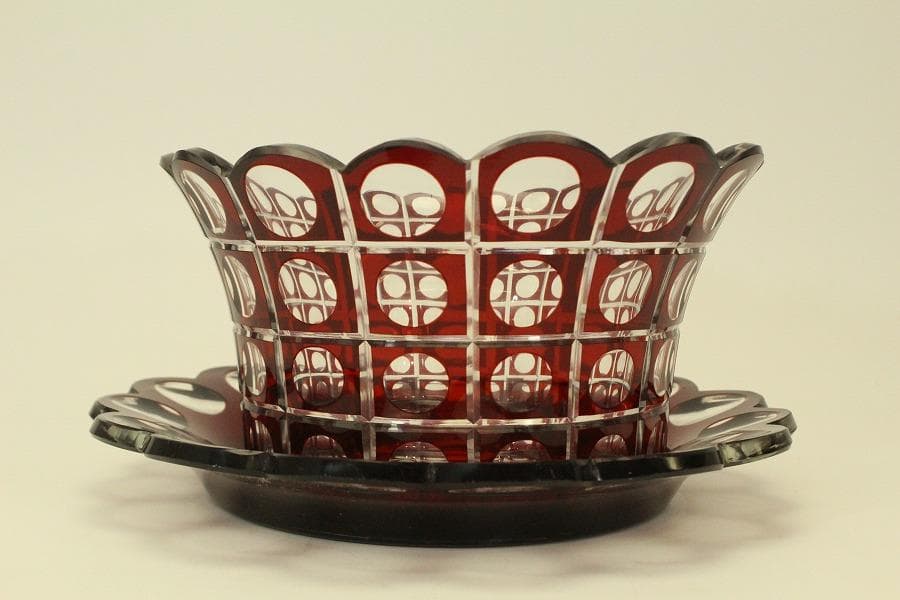 アンティーク 赤色被 切子 ガラス 器 台 トロ 大正-昭和(BB461)