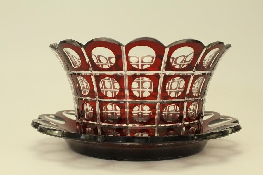 アンティーク 赤色被 切子 ガラス 器 台 トロ 大正-昭和(BB461)