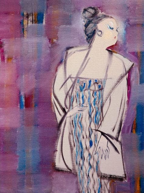 油絵 菅家令子 絵 絵画インテリア額付(青緑＋金色の枠) F6-083611女性