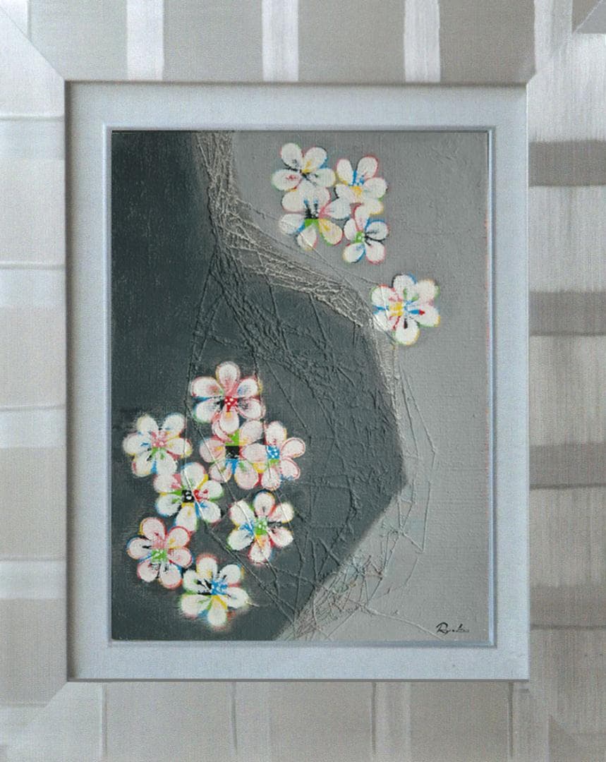 油絵 菅家令子 絵画 インテリア額付(青緑＋金色の枠) F4-090516 花梅