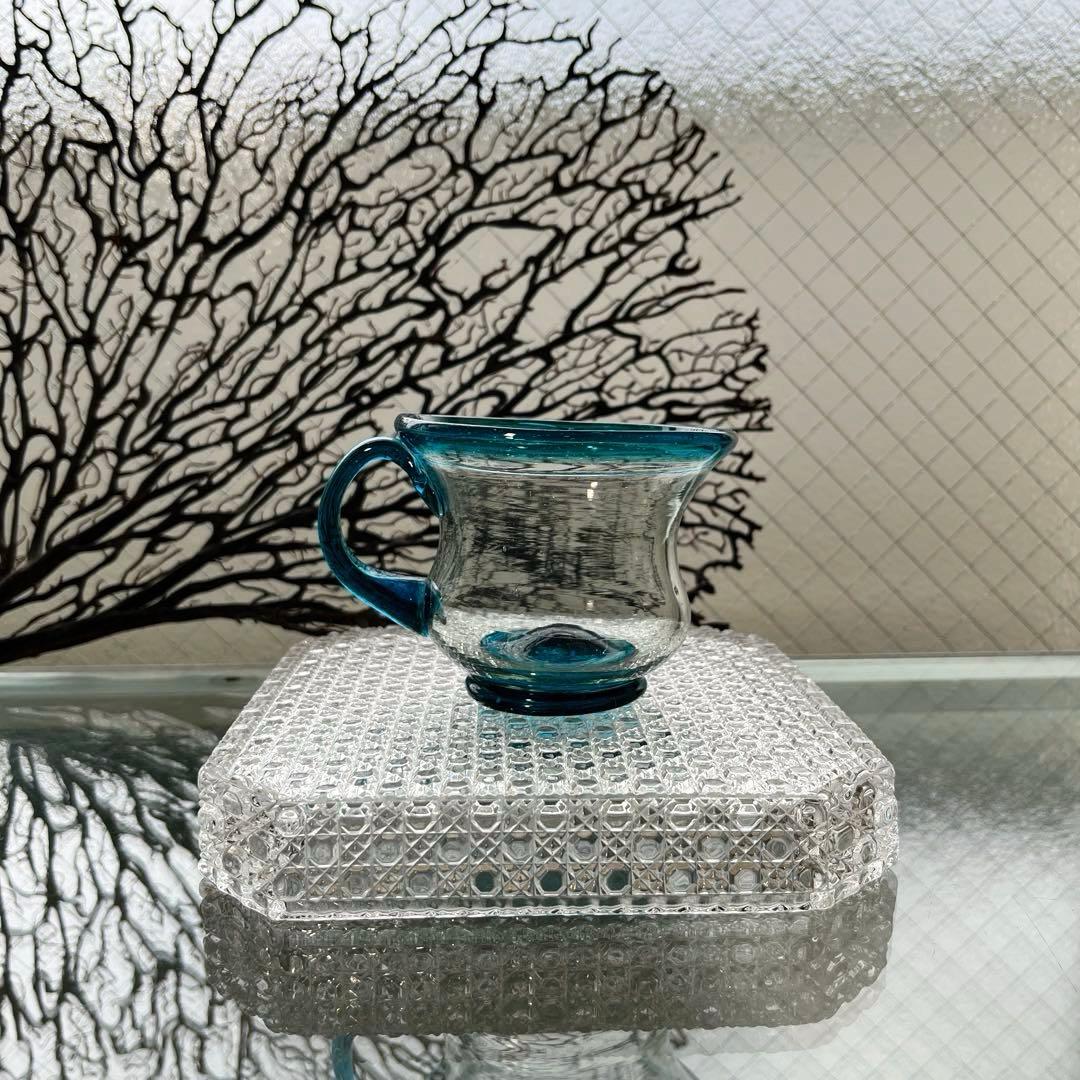 骨董　時代ガラス　希少青緑色フチ　取手付き　アイスクリームグラス　氷コップ