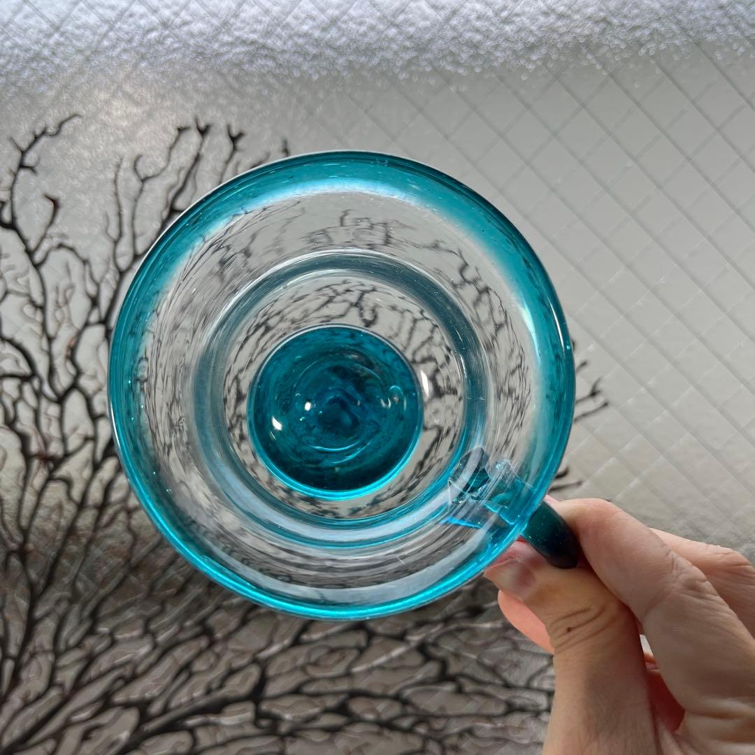 骨董　時代ガラス　希少青緑色フチ　取手付き　アイスクリームグラス　氷コップ