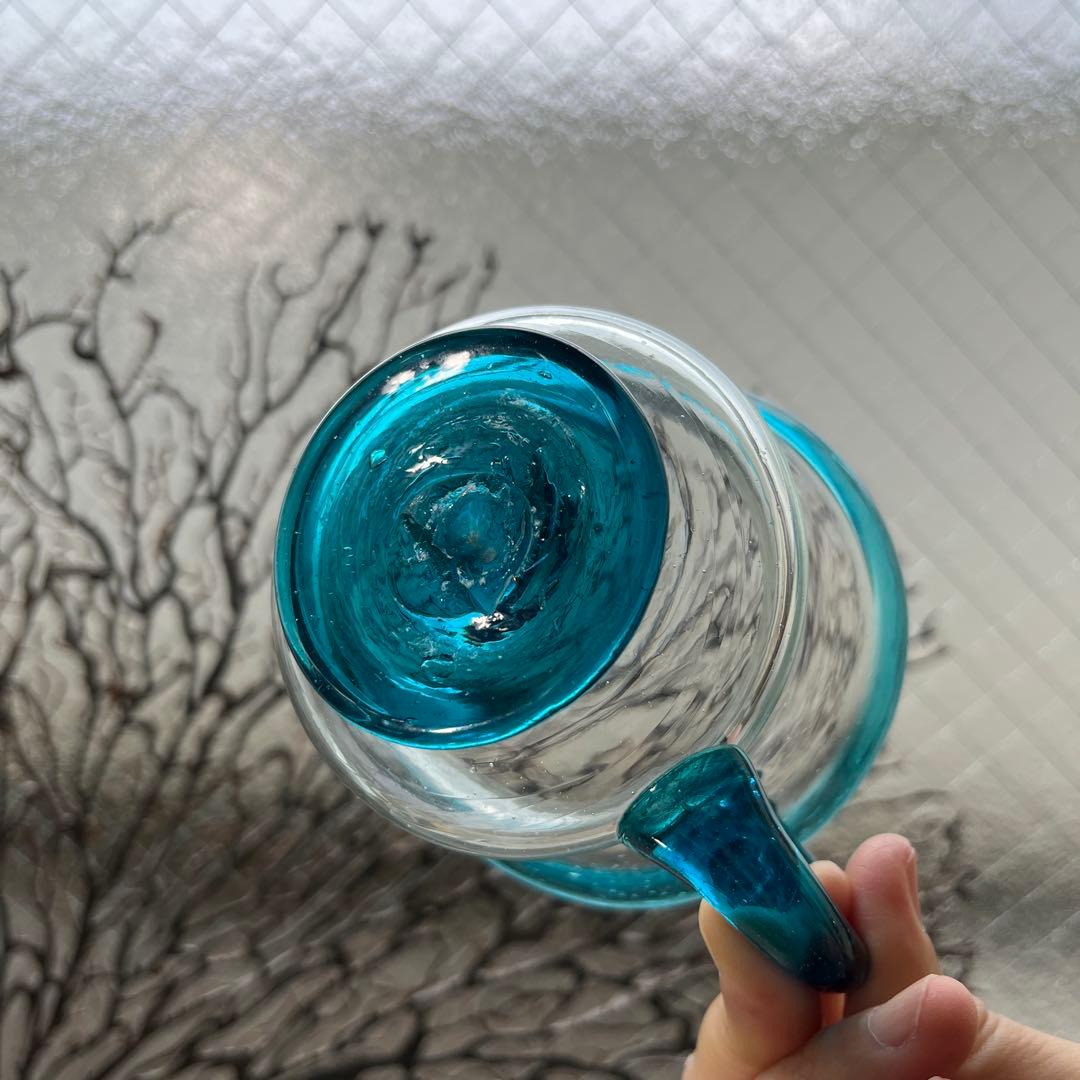 骨董　時代ガラス　希少青緑色フチ　取手付き　アイスクリームグラス　氷コップ