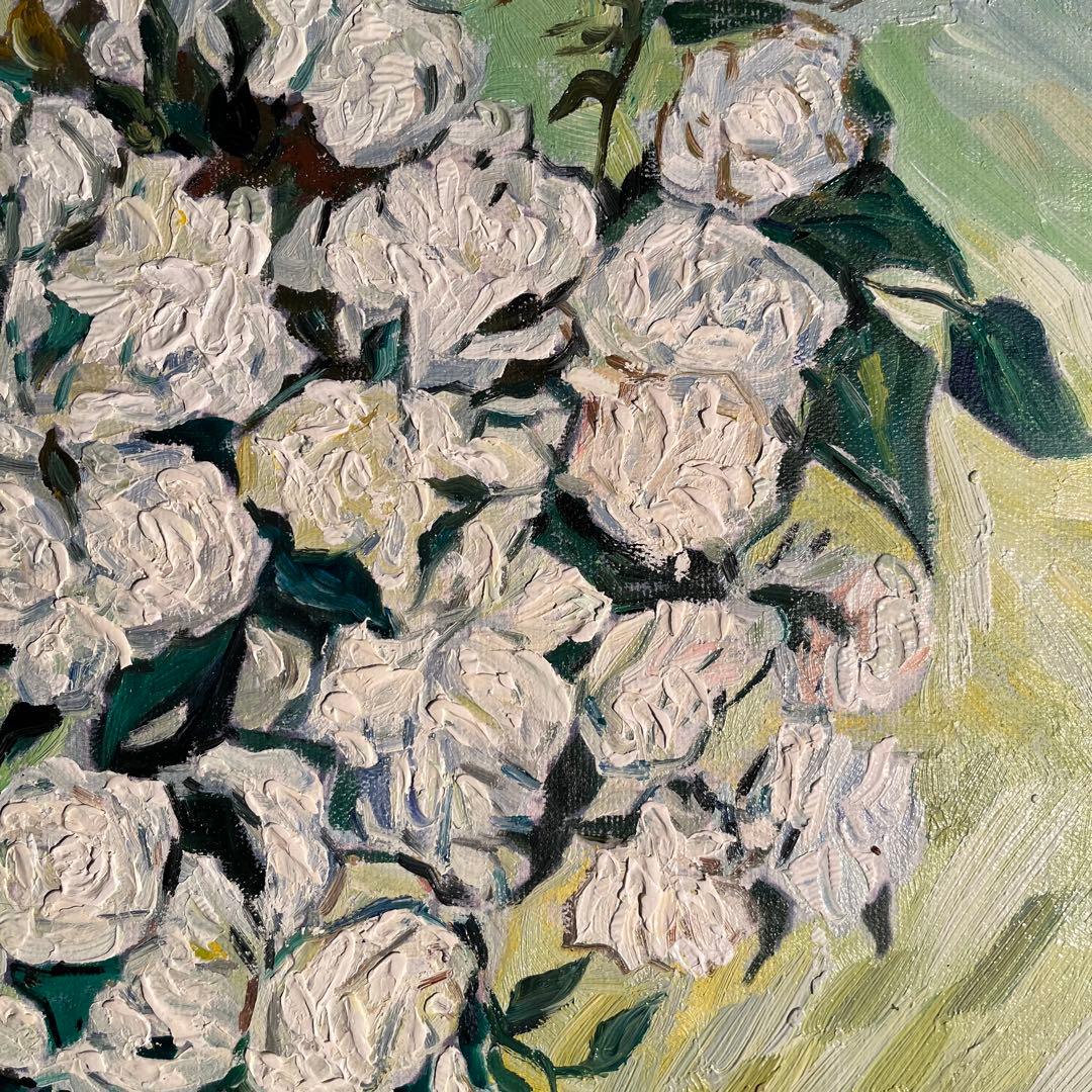 ★秀作★ 手書き油絵 ゴッホ 花瓶のバラ額付 肉筆絵画 インテリア 油彩画