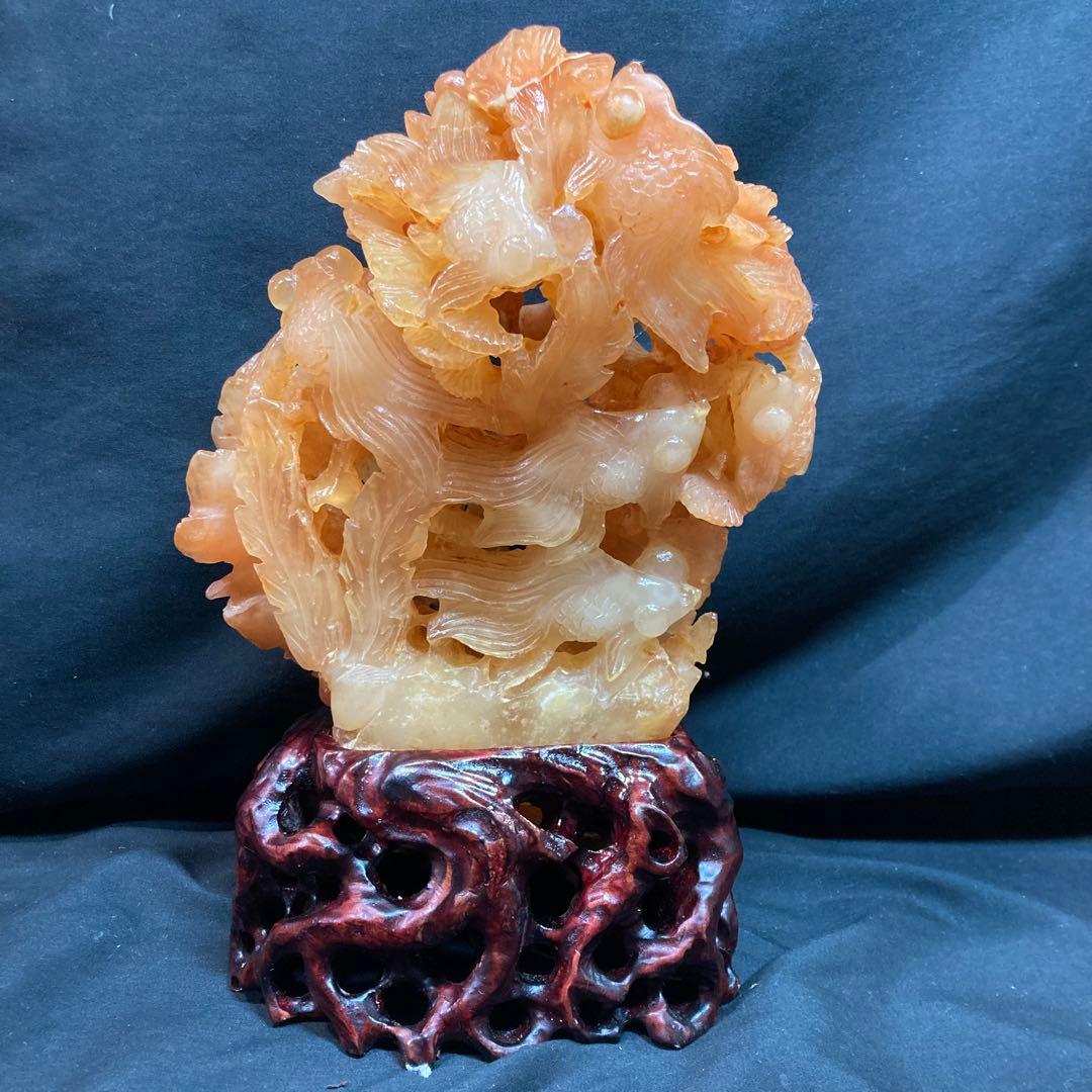 《中国美術》天然石 彫刻 金魚 水草 置物