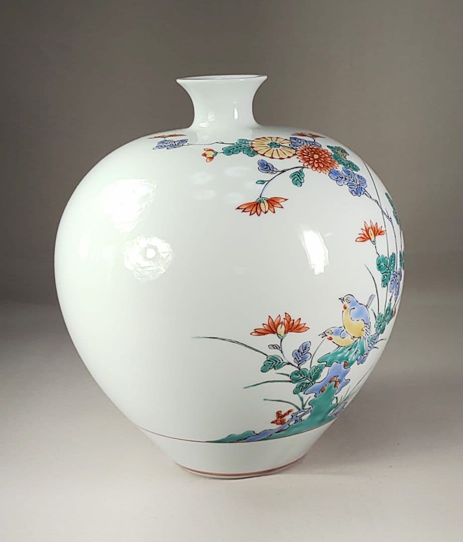 希少 重要無形文化財 中村清六作 有田焼 高麗庵清六窯 白磁錦絵 花鳥紋花瓶