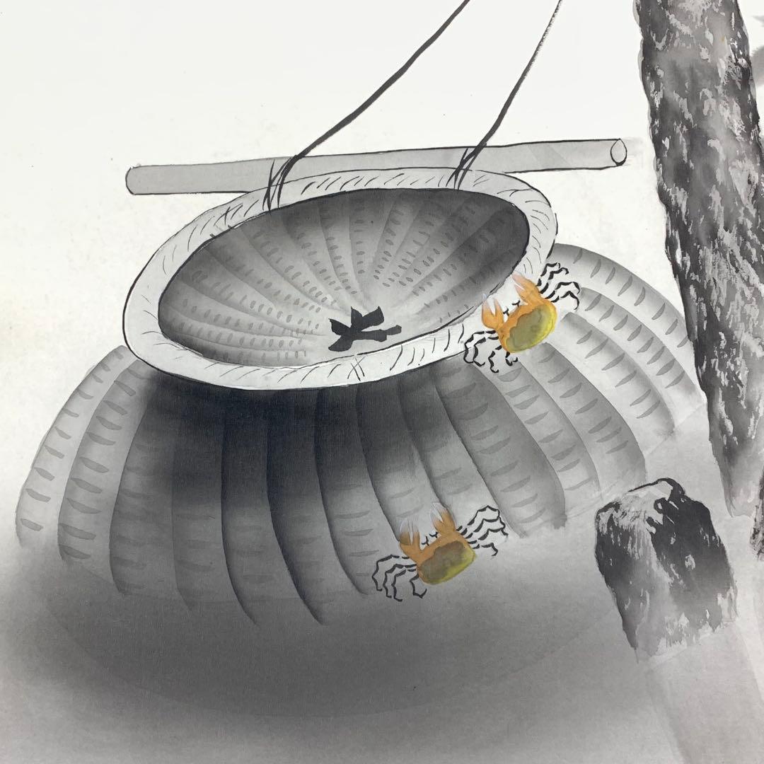 掛軸 三宅英斎 川蝉 共箱 7月 夏 蟹 小禽 2-57