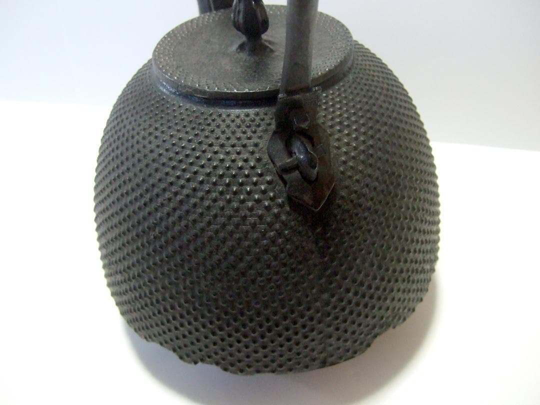 真正南部 雅泉 鬼面鐶付 虫喰摘み あられ紋 鉄瓶 在銘 南部型