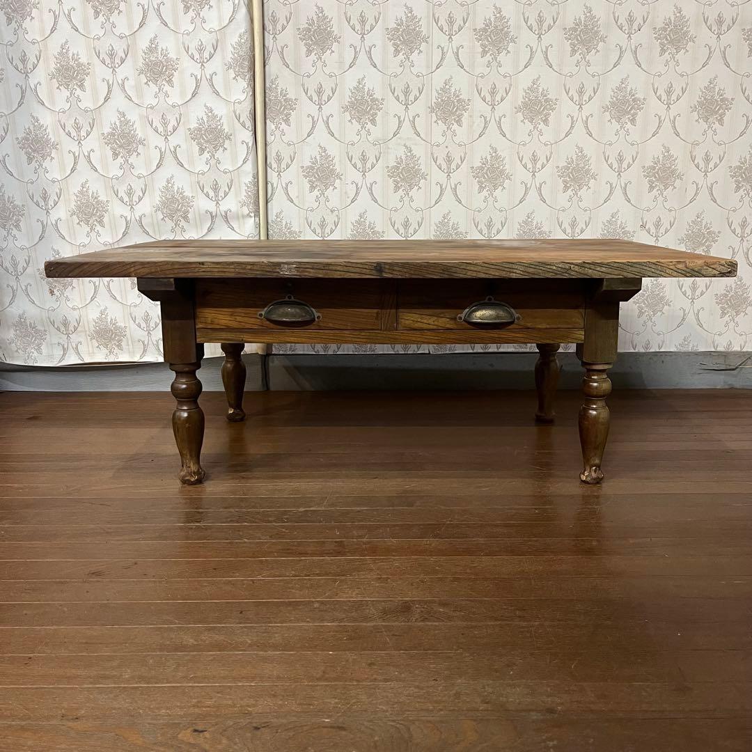 【アンティーク】木製 引出し付 ろくろ足 文机 ローテーブル 座卓 古家具