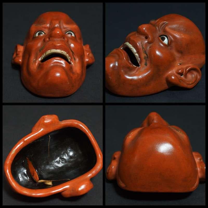 陶器製 玉眼 面 小面 魔除け 壁掛け 飾り物 二点セット 箱付