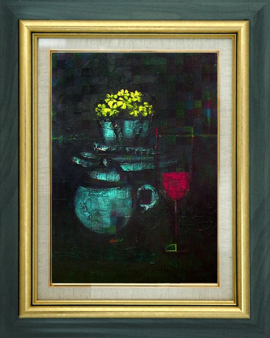 油絵 菅家令子 絵 絵画 インテリア uF6-063404 静物 花 グラス 器