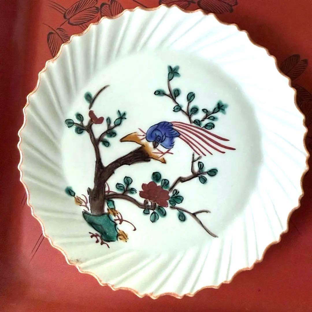 2164感謝‼️夏の倣い古九谷‼️幸せ強運の色絵花鳥図在銘福波打つ小皿4客➕1客プレ