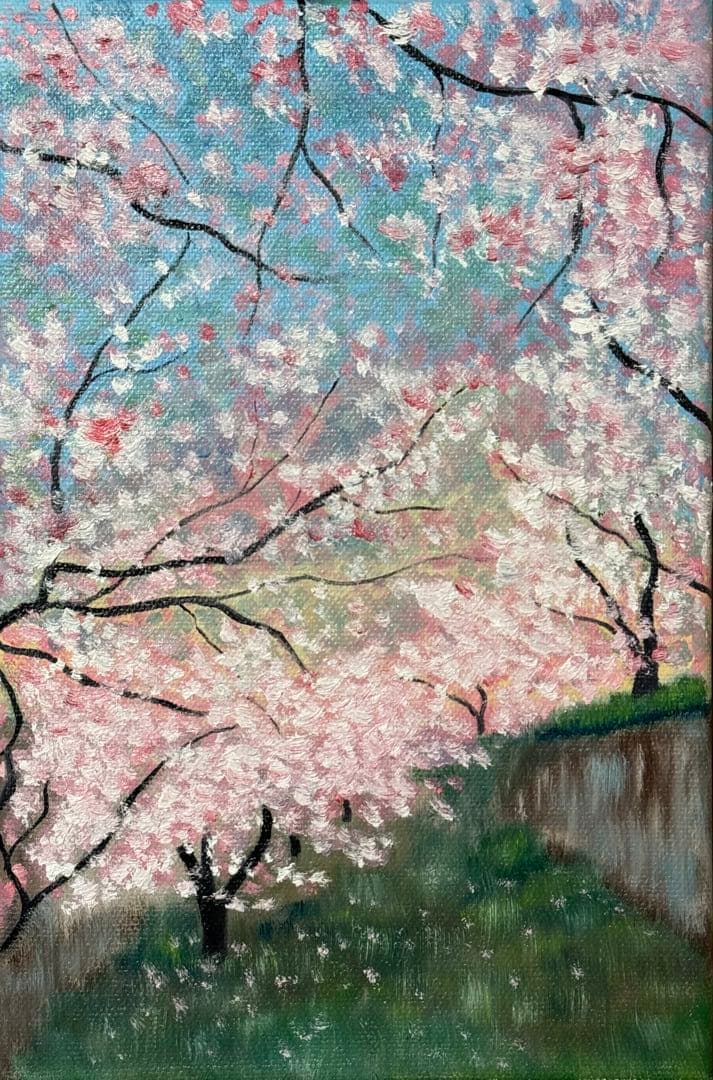 「早桜」　手描き　油絵　風景画　原画　油彩画　印象派
