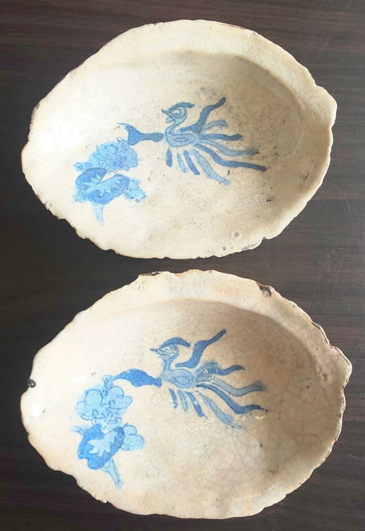 古伊万里 稀少珍品 鮑殻飾り皿 染付鳳凰花柄 江戸中期 2皿セット