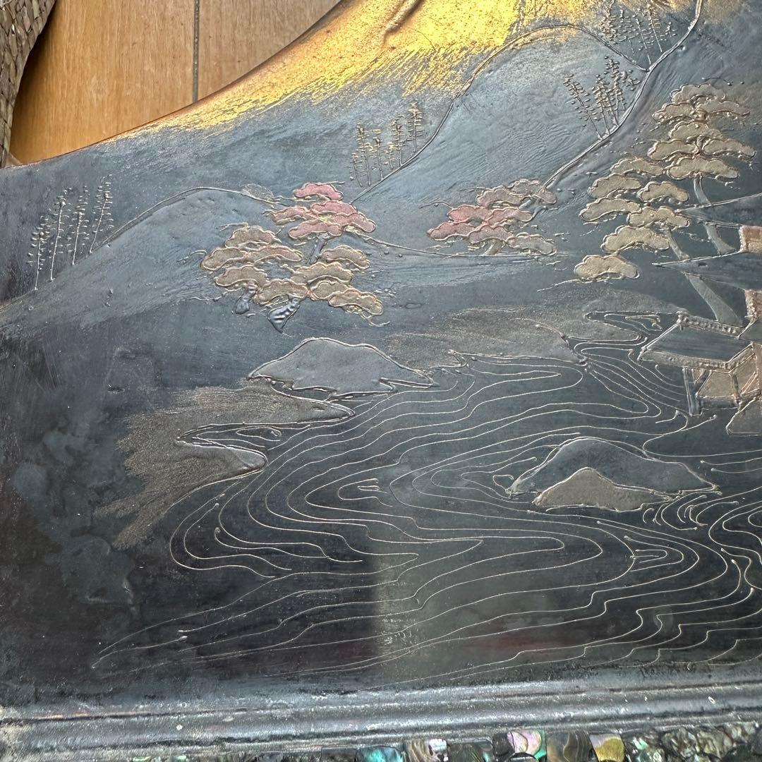 時代物 木製 螺鈿細工 富士山 刀掛け 3本掛 高さ約40.5cm 螺鈿細工