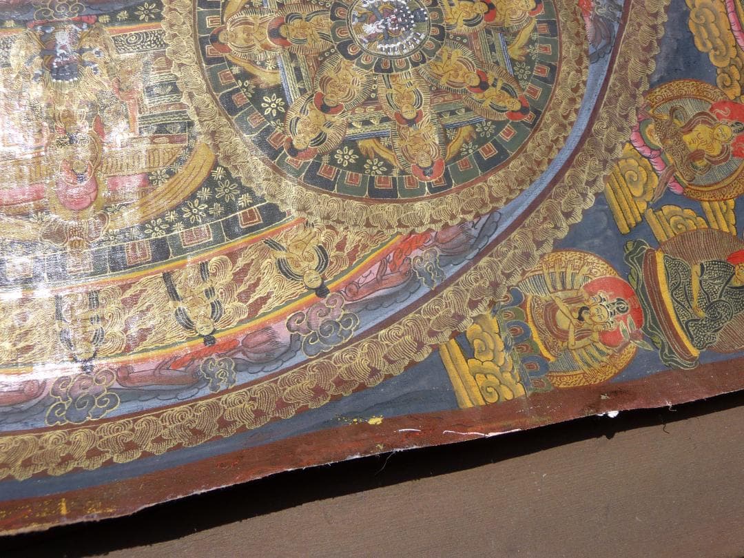 大サイズ　希少　肉筆　タンカ　チベット　黒兼彩　金彩　まくり　※説明必読願います