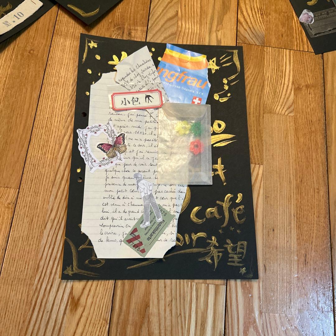 艶猫旅｜黒×金 作品ジャンクジャーナル5枚セット猫足跡merci紙ものコラージュ