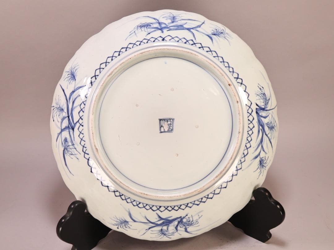 BK265　江戸期　古伊万里　古染付鹿文　大皿　49㎝　二重角福　1尺6寸