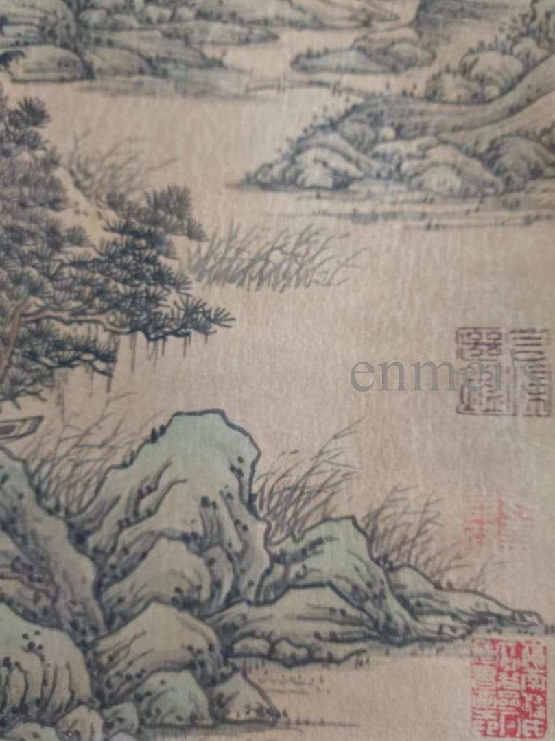 中国古美術 明代 文徴明作款 山水画 水墨画 絹本 三尺 手描き 掛け軸 肉筆