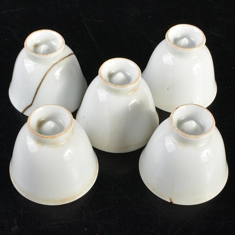 中国　南京白磁　染付寿文　煎茶碗　五客　時代箱付　金継ぎ直しあ　M　R6911