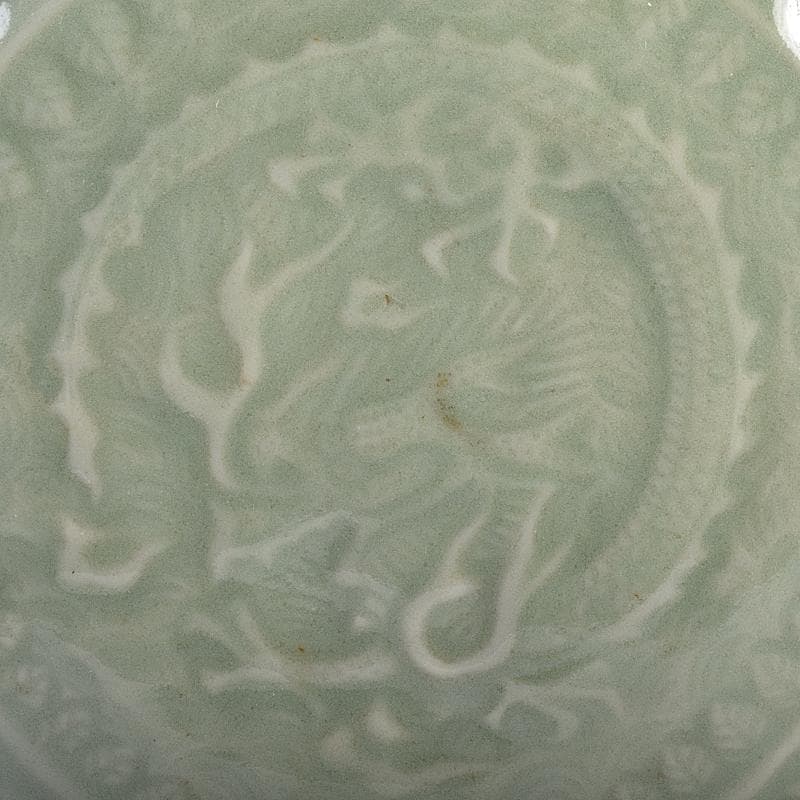 中国　龍泉窯　青磁　陽刻　龍鳳凰花文　扁壷　V　R7826