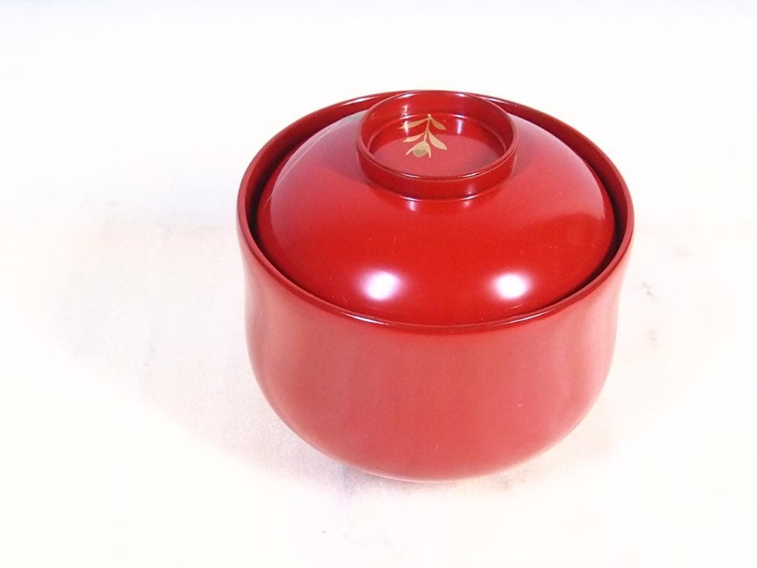 【美品】輪島塗 西久保田漆器店 桔梗蒔絵 小吸物椀 5客 瓢型/朱塗 漆器/食器