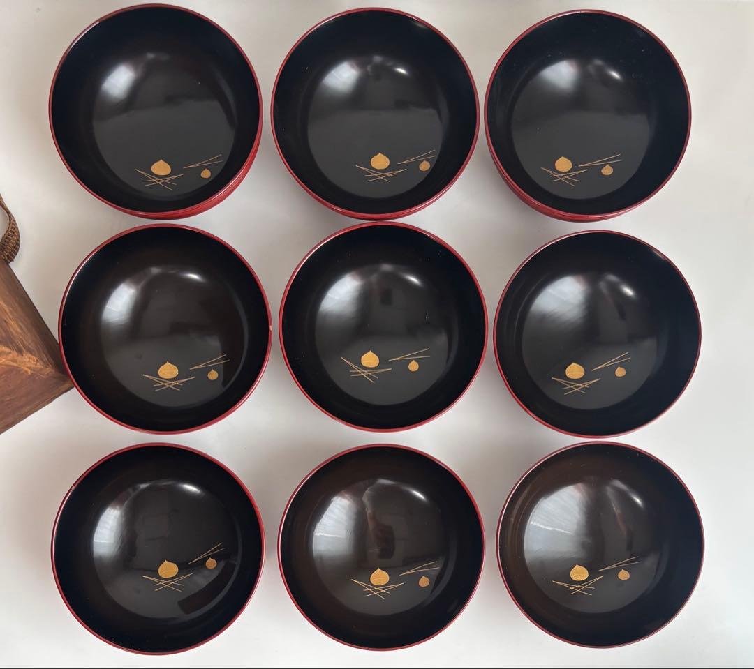 時代漆器　京都　蒔絵師　長野横笛　吸物椀　絵替　9客　共箱