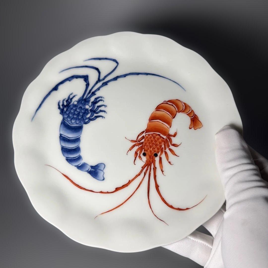 昭和初期　十一代今右衛門　今泉今右衛門　錦　海老文様皿　五枚　共箱　希少菱形窯印