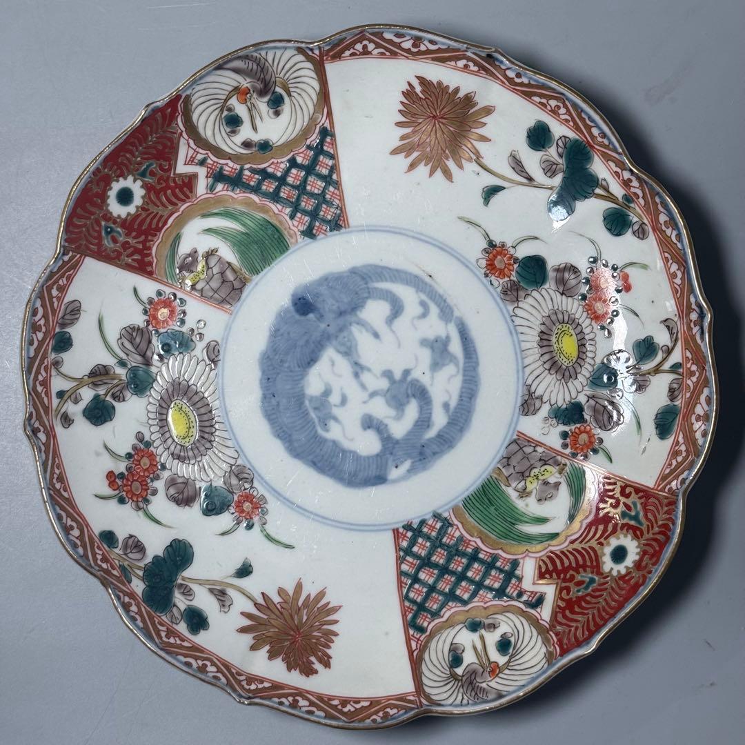 古伊万里　色絵七寸輪花形皿　冨貴長春　円龍　植物　鶴亀　直径21.6cm　江戸期