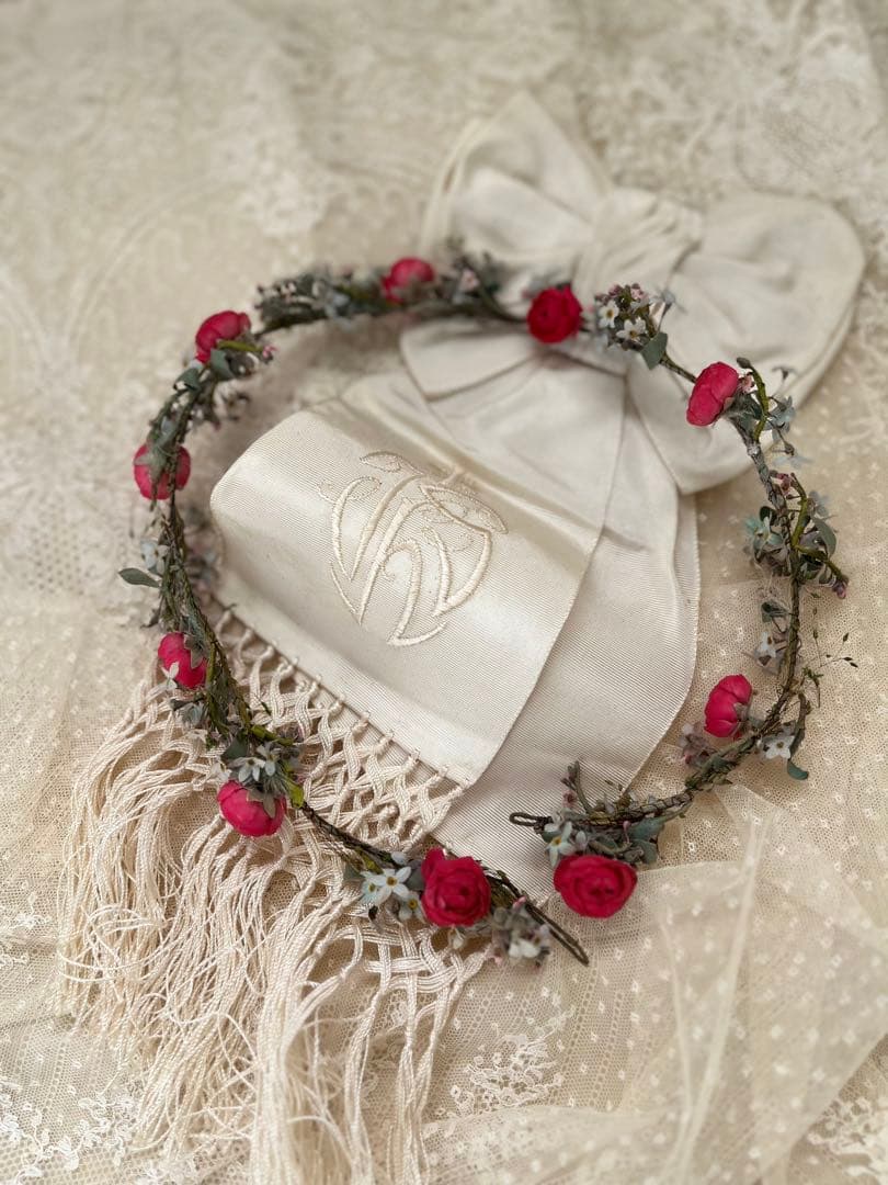 アンティークイギリスウェディング花冠ティアラ布花ガーランド紙箱紙もの
