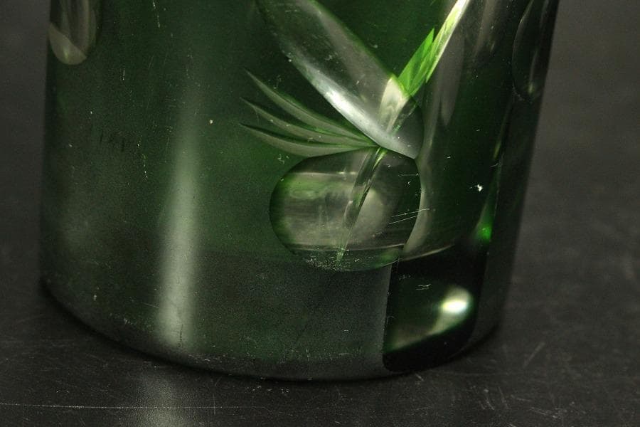 アンティーク 緑色 切子ガラス 花瓶(A962)