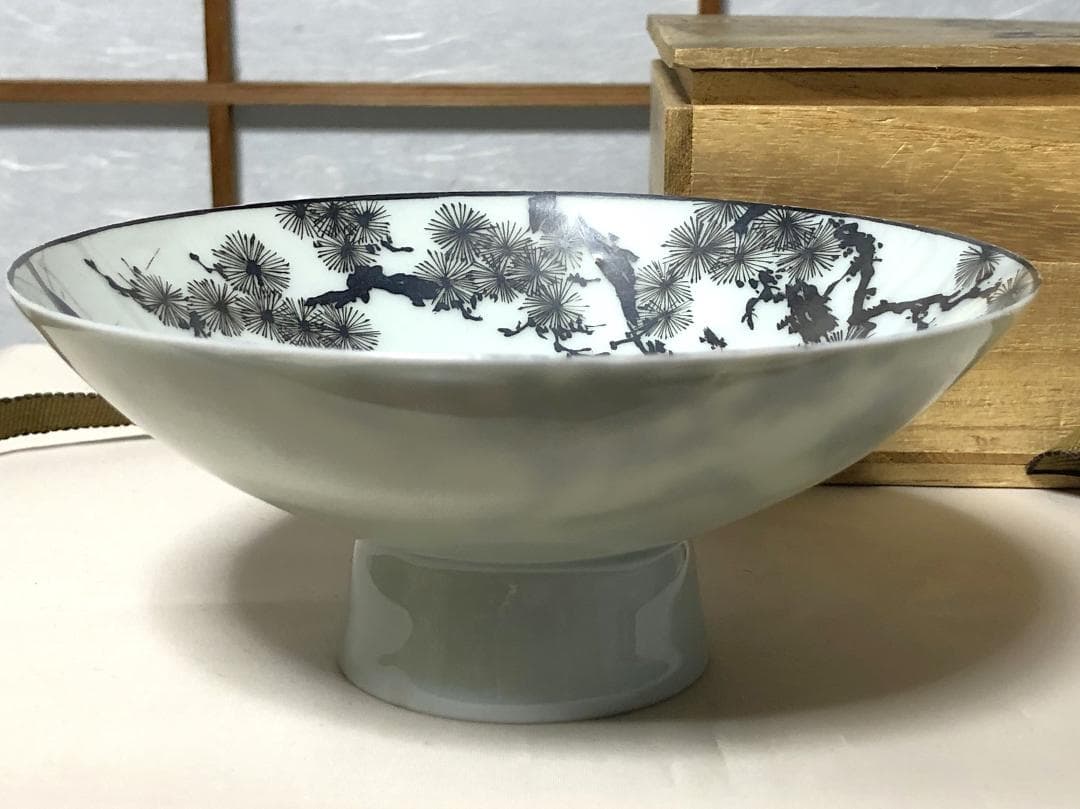 【 本銀色絵大盃 】　薄胎磁　高砂画　天保15年　瀬戸焼骨董