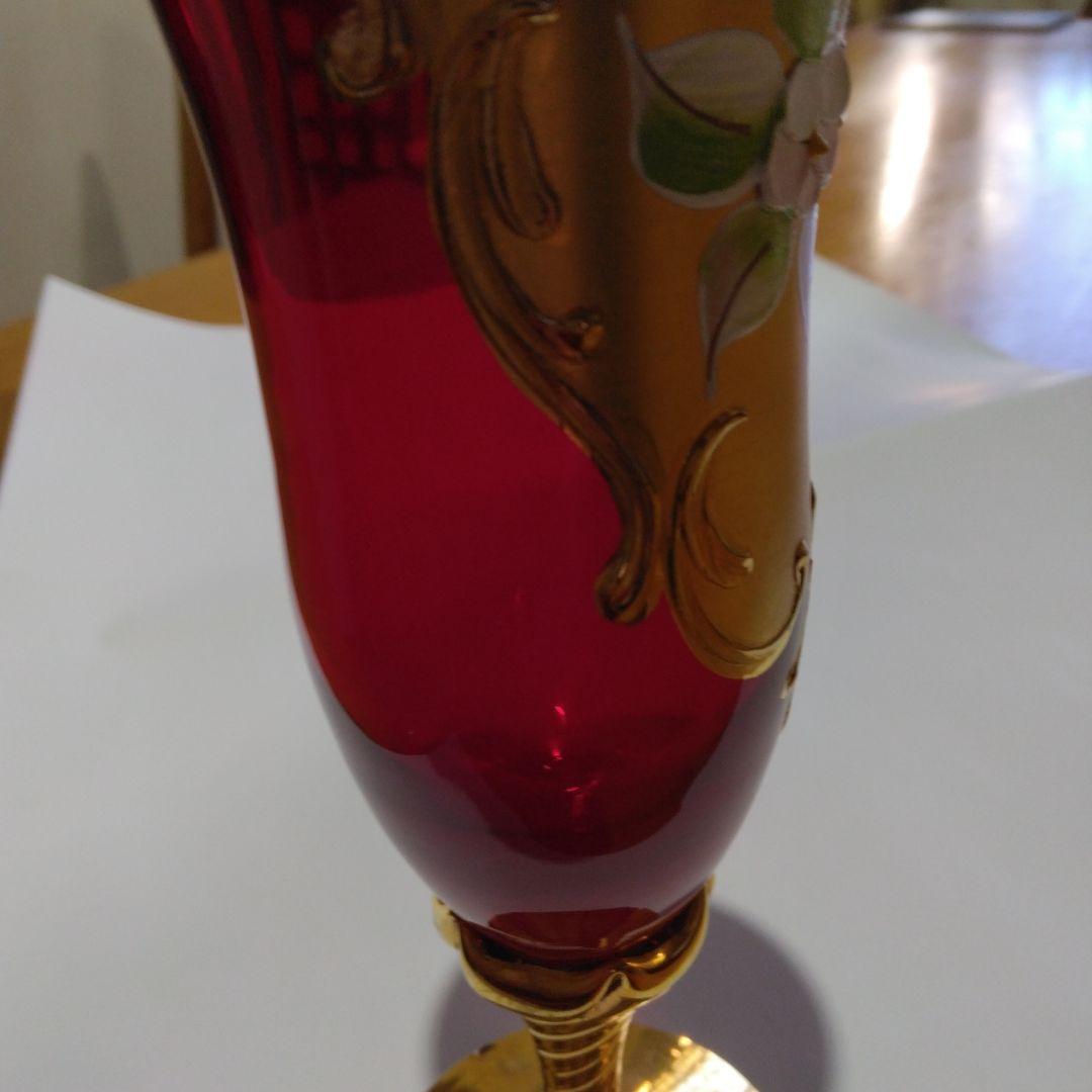 ベネチアングラス　赤と金のガラスグラス 花柄
