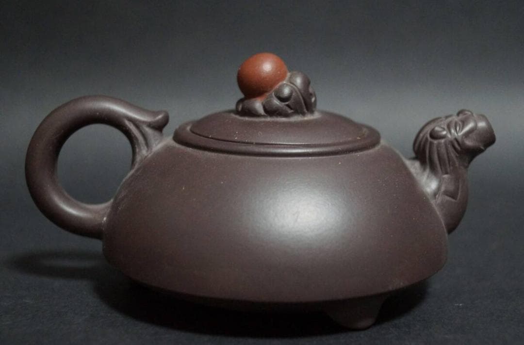 顧鵬程造 双龍如意紫砂壺 細工彫り『竹林漢詩文』 原鉱泥手造り急須 朱泥茶器