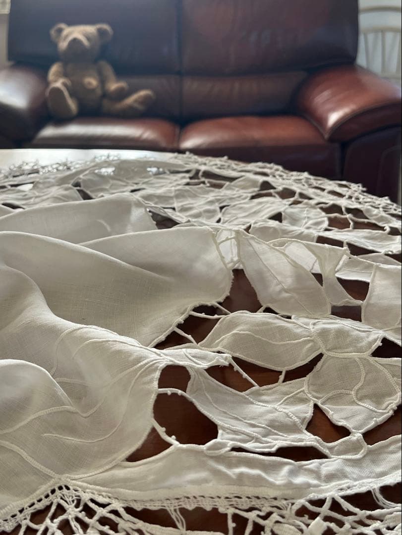 ◆フランスアンティーク｜大判手刺繍ボビンレースロングマルチクロスエンブレム長方形