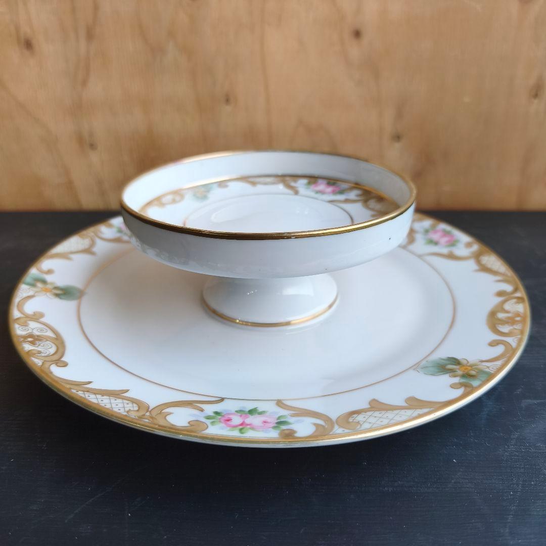 オールドノリタケ アンティーク プレート コンポート 2段 ハンドペイント