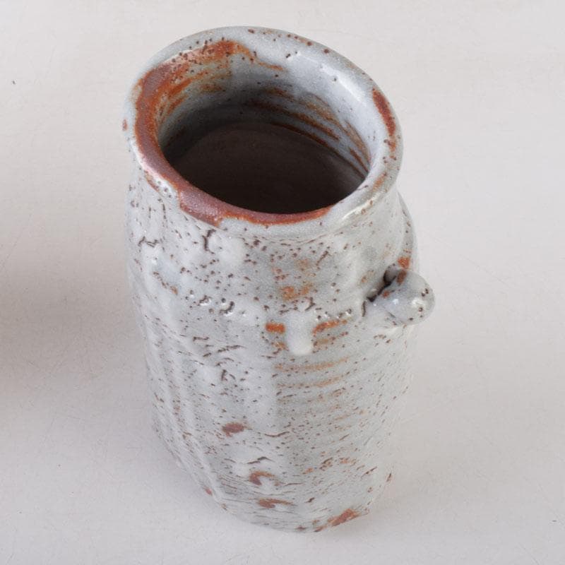 安藤日出武作　鼠志野　双耳花生　花瓶　共箱　V　8585