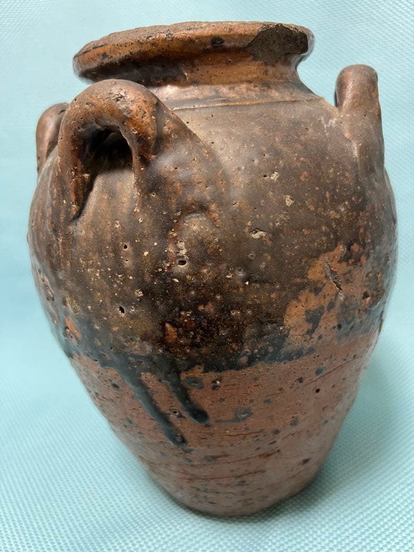 中国明朝（青釉 四耳壺）陶器 骨董品 時代物 高さ24cm解体整理品現状品のみ