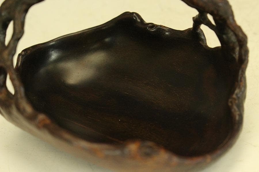 紫檀 刻 手付 皿 文房四宝 卓上飾 高7.8cm(HA490)