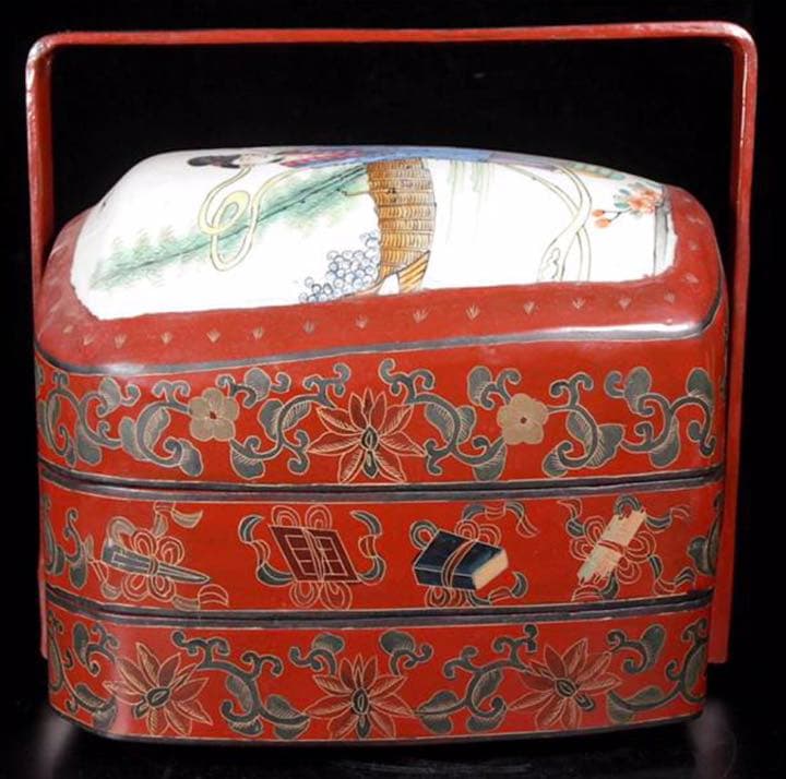 堤藍　シノワズリ　陶器蓋　唐物　本木製　漆工芸　お月見　節句　重箱　茶道具　野点